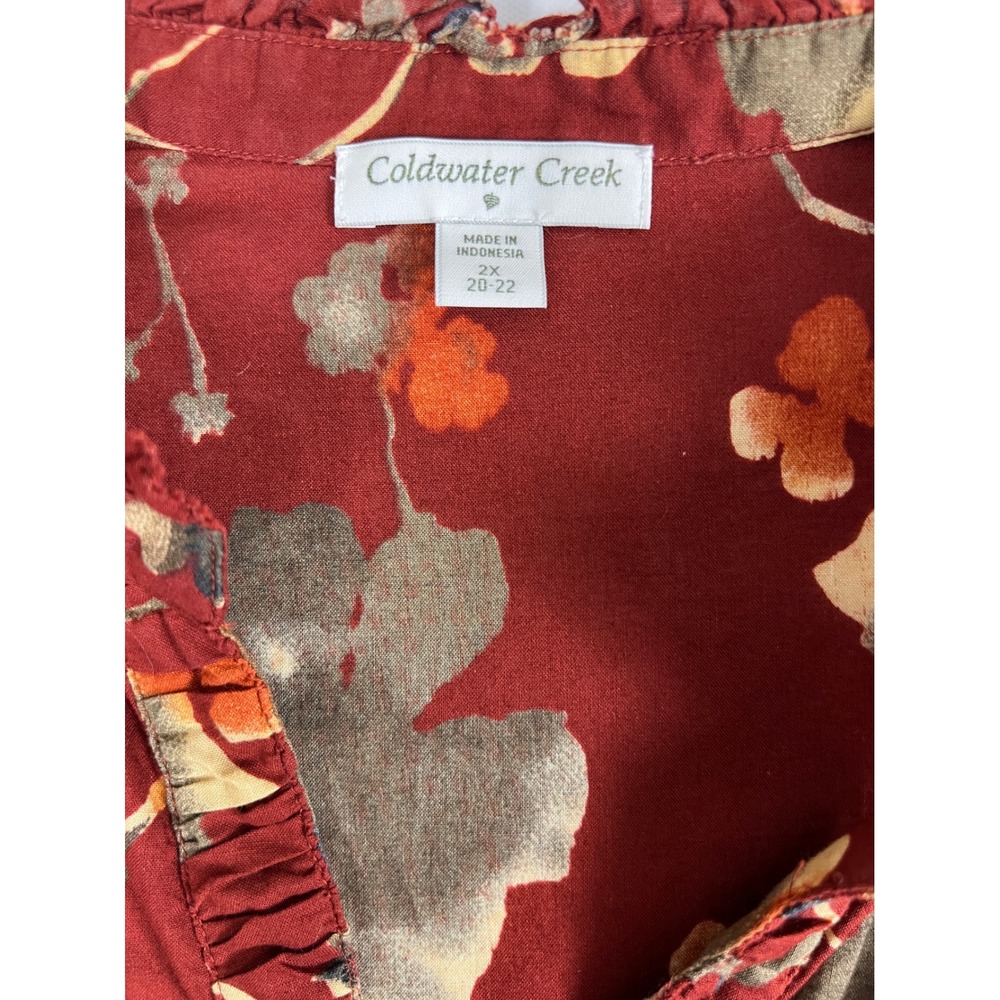 Coldwater Creek Womens 2X Rust Red Floral Ruffle Neck Roll Tab Sleeve Blouse Top - Picture 4 of 9